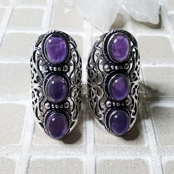 Genuine Amethyst Cabochon Shield Ring - Size 7.5 or 9! Trendy Boho Sexy Chic - Picture 4 of 12